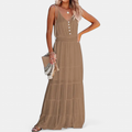 Women's Tiered Boho Maxi Dress, V Neck Spaghetti Straps Pockets