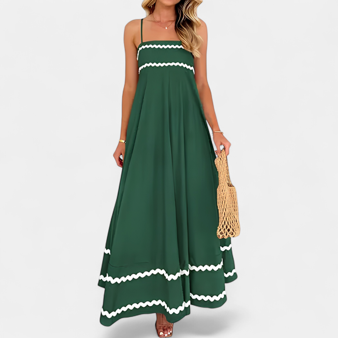Women's Square Neck Flowy Maxi Dress, Smocked Tiered Ricrac Trim