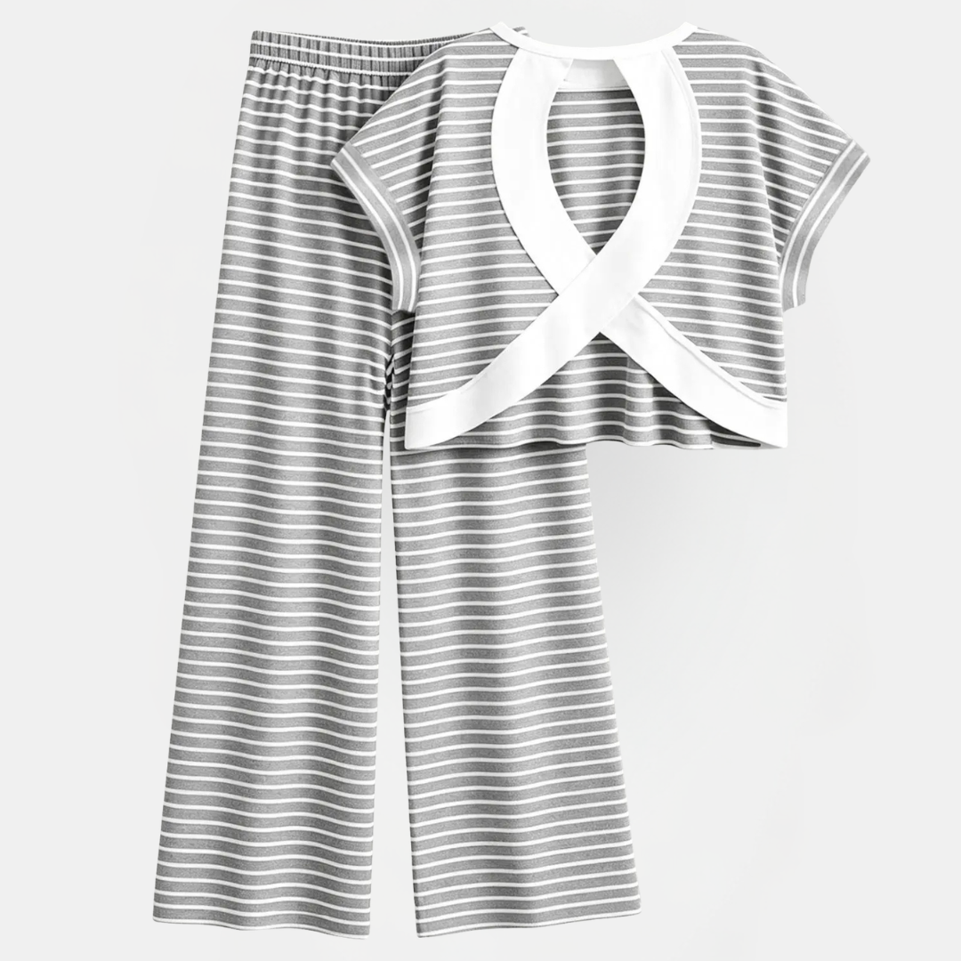 Women's Striped Lounge Pajama Set, Cross Open Back Wide Leg Pants