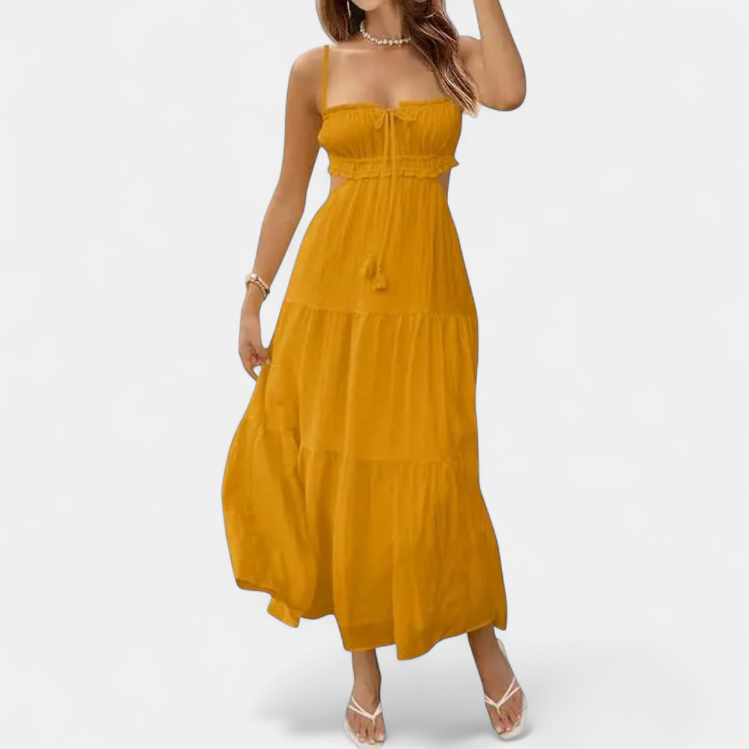 Women's Cut Out Flowy Maxi Dress, Tiered Smocked Spaghetti Straps