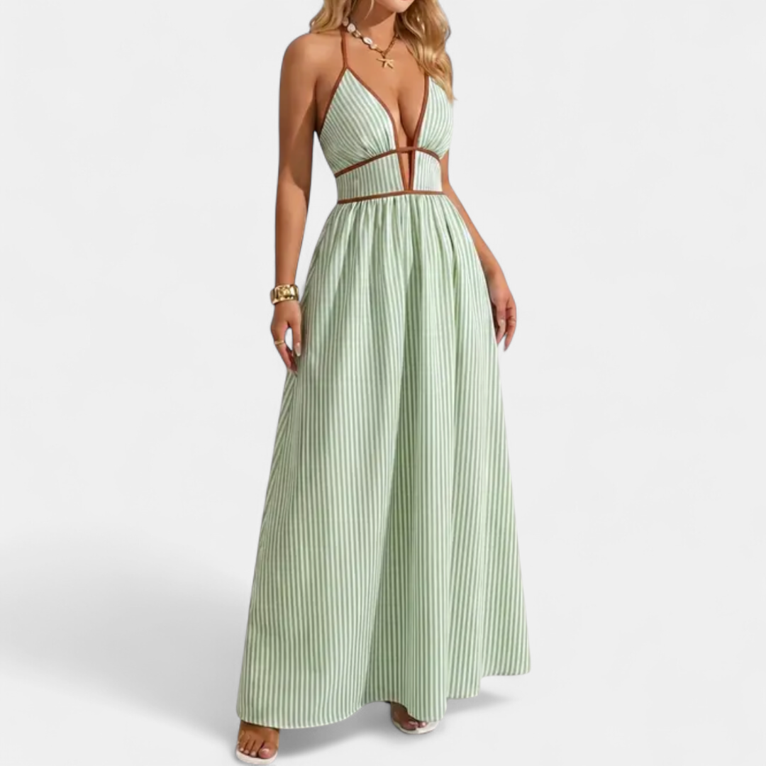 Women's Striped Halter Maxi Dress, Deep V Neck Contrast Trim Waist