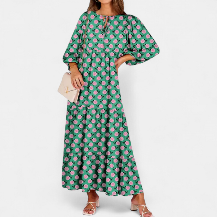 LYRIA | Boho Geometric Puff Sleeve Maxi Dress