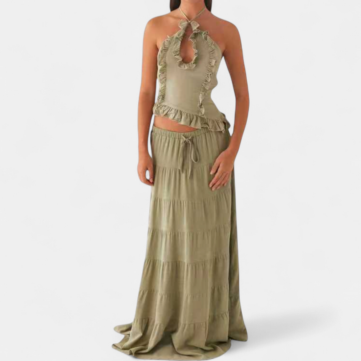 TIVONA | Ruffle Halter Flowy Skirt Set