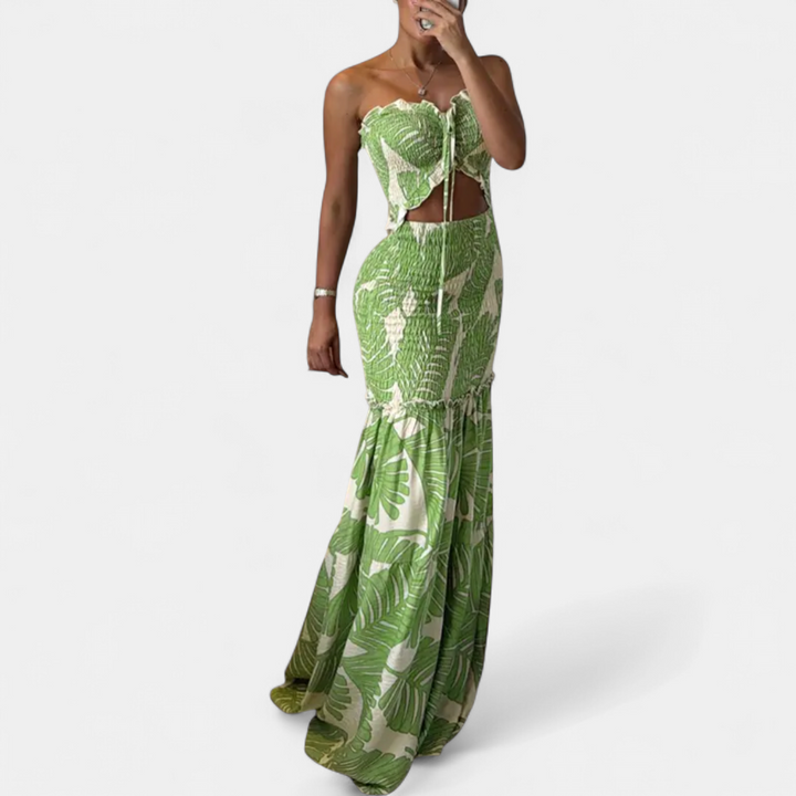 SOLÈNE | Tropical Print Smocked Mermaid Maxi Dress
