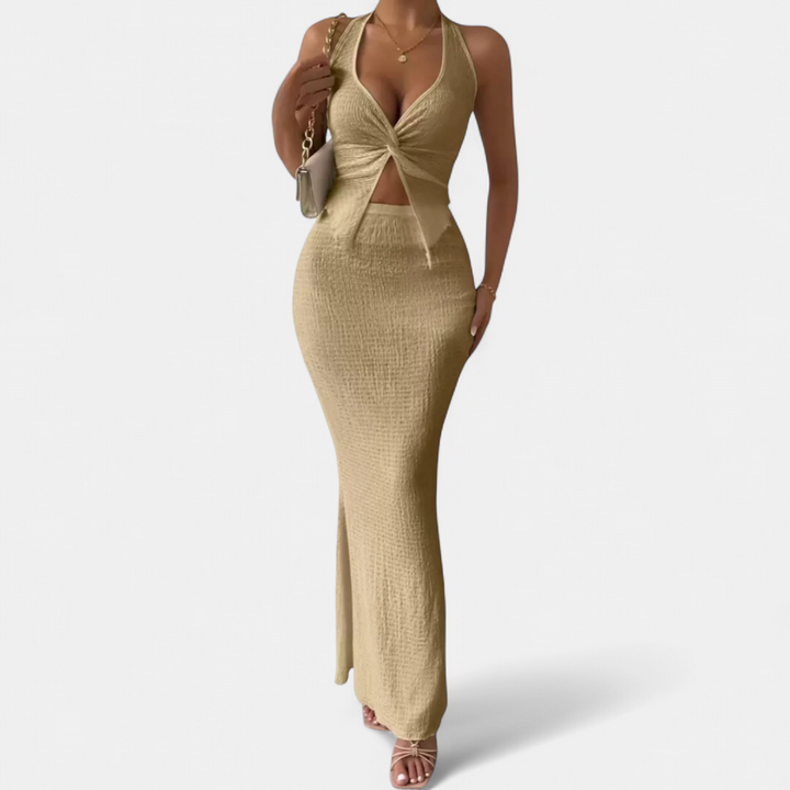 CAITRIONA | Twist Front Halter Crop Maxi Set