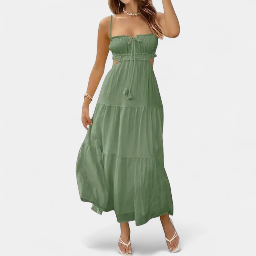Women's Cut Out Flowy Maxi Dress, Tiered Smocked Spaghetti Straps