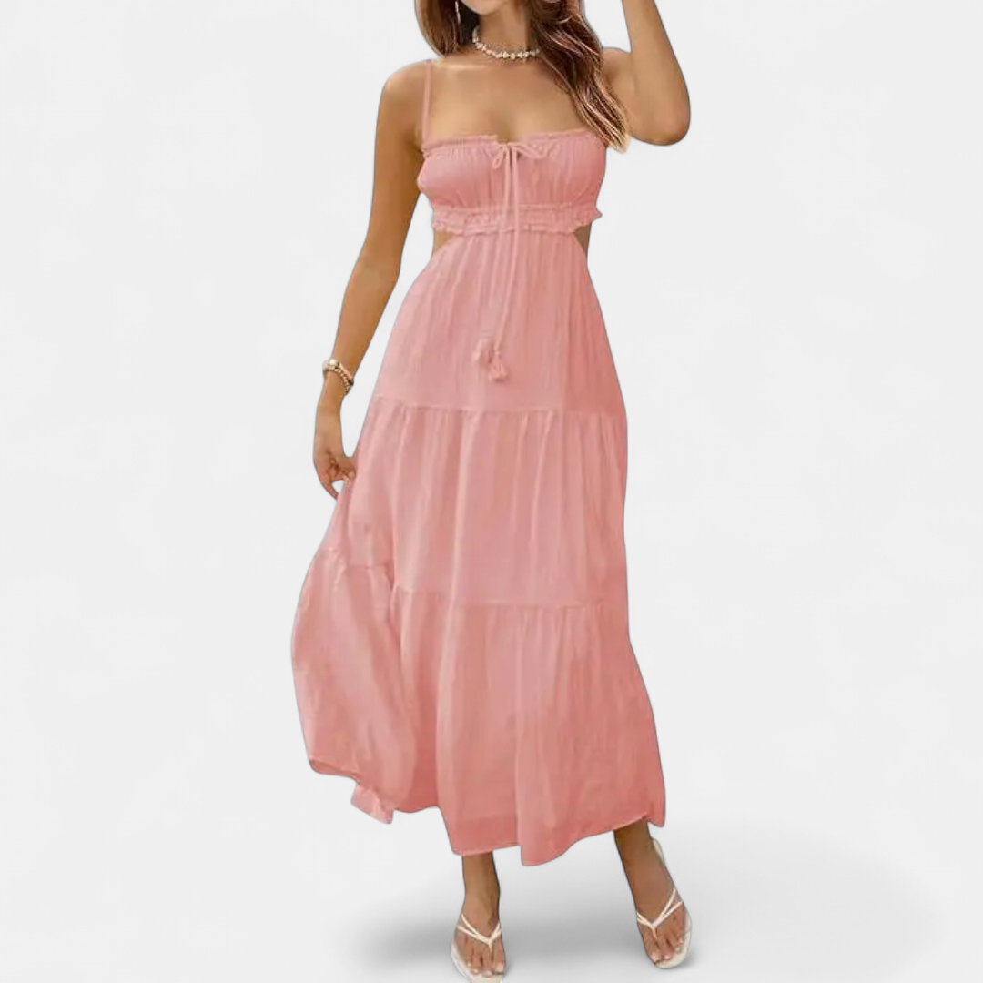 Women's Cut Out Flowy Maxi Dress, Tiered Smocked Spaghetti Straps
