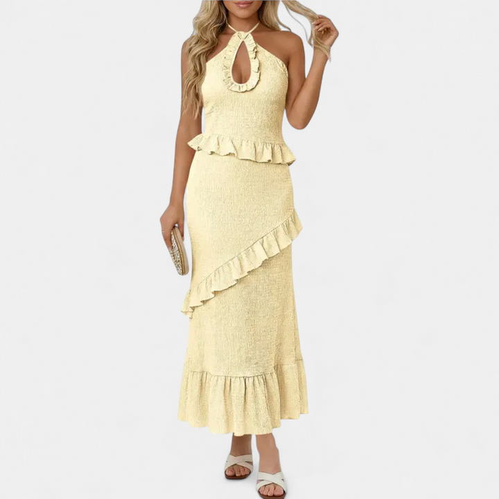 NICOLETTE | Deep V Halter Ruffle Maxi Dress