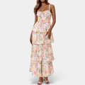 Women's Tiered Floral Maxi Dress, Spaghetti Straps Ruffle Skirt