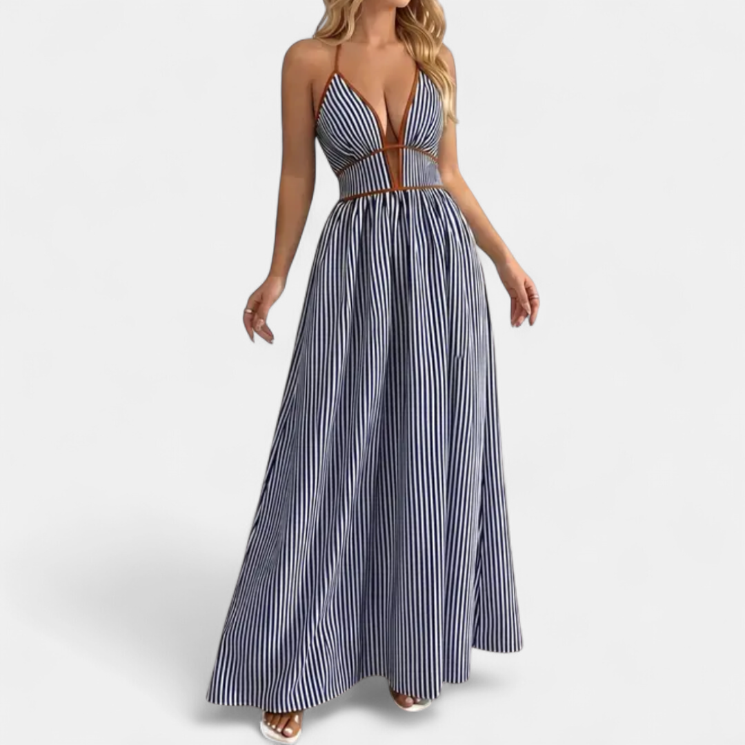 Women's Striped Halter Maxi Dress, Deep V Neck Contrast Trim Waist