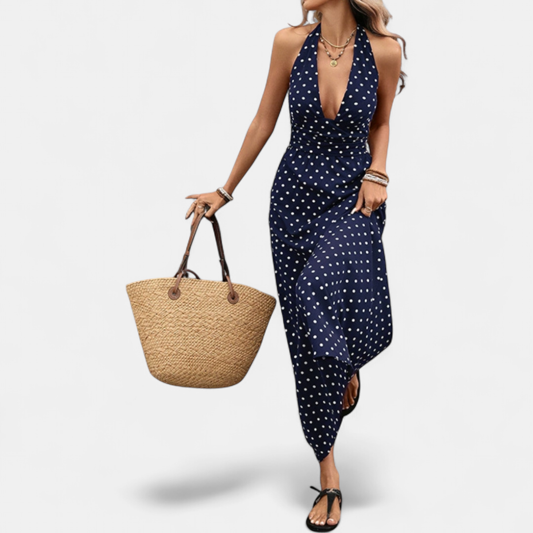 Women's Halter Polka Dot Maxi Dress, Deep V Neck Ruched Backless