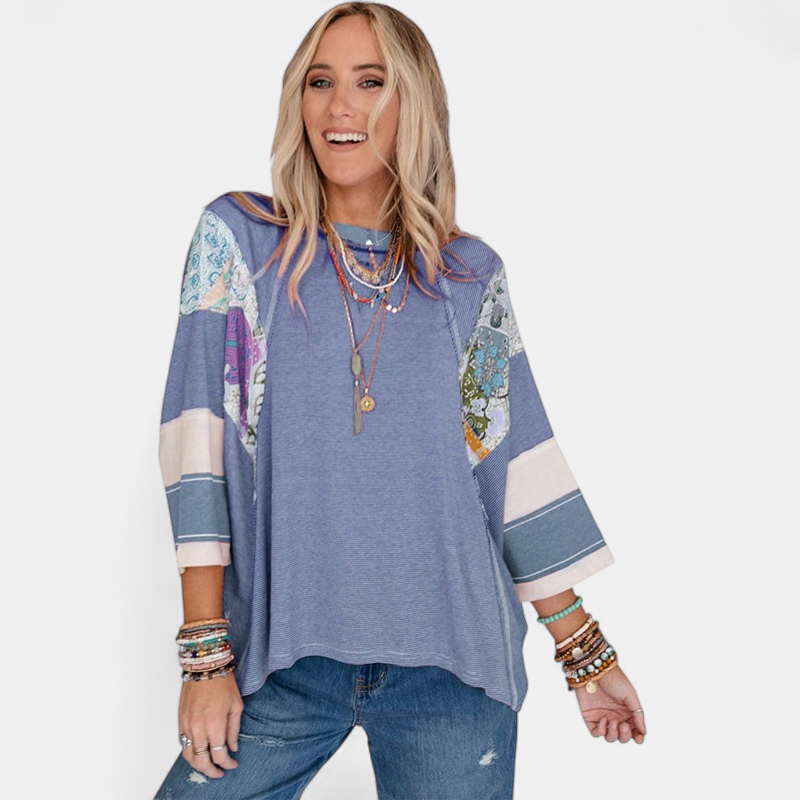 Women's Batwing Boho Blouse, Patchwork Floral Sleeves Ribbed Knit
