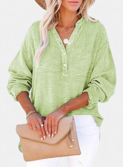 Women's Collared Oversized Shirt, Long Sleeve Crinkle Half Placket