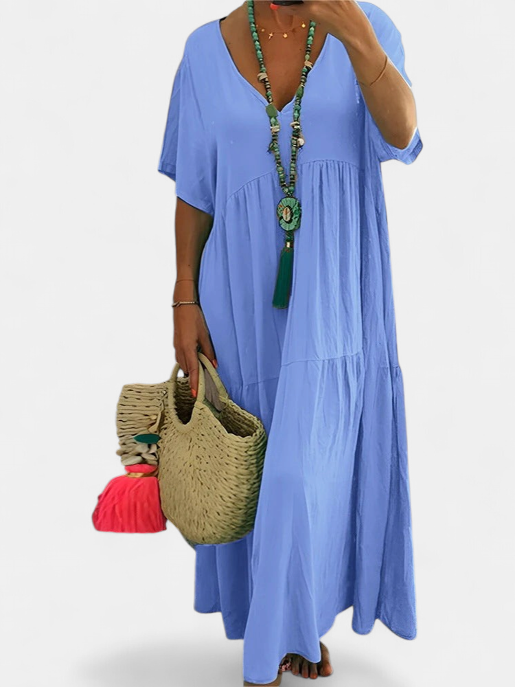 Women's Tiered Flowy Maxi Dress, V Neck Short Sleeves Loose Fit