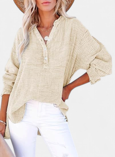 Women's Collared Oversized Shirt, Long Sleeve Crinkle Half Placket