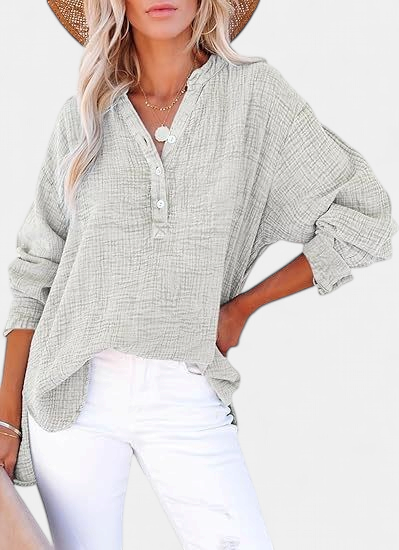 Women's Collared Oversized Shirt, Long Sleeve Crinkle Half Placket