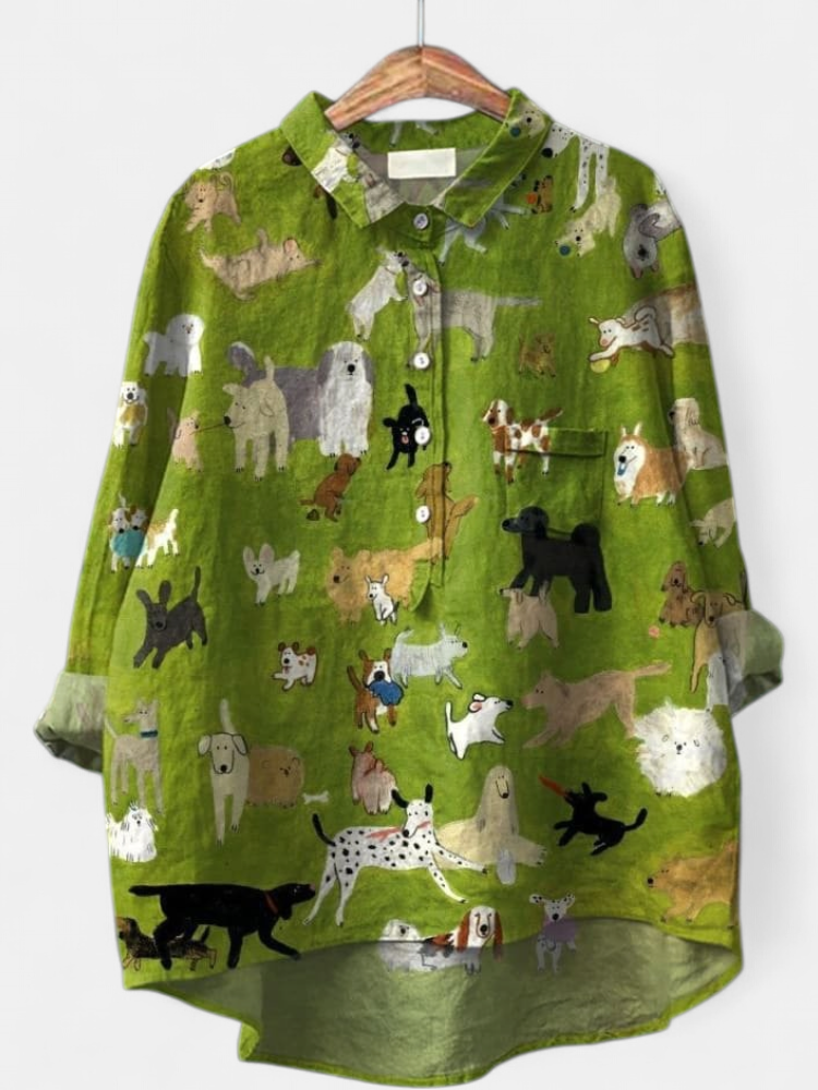 Women's Oversized Linen Shirt, Dog Print Collared Patch Pocket