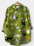 Women's Oversized Linen Shirt, Dog Print Collared Patch Pocket