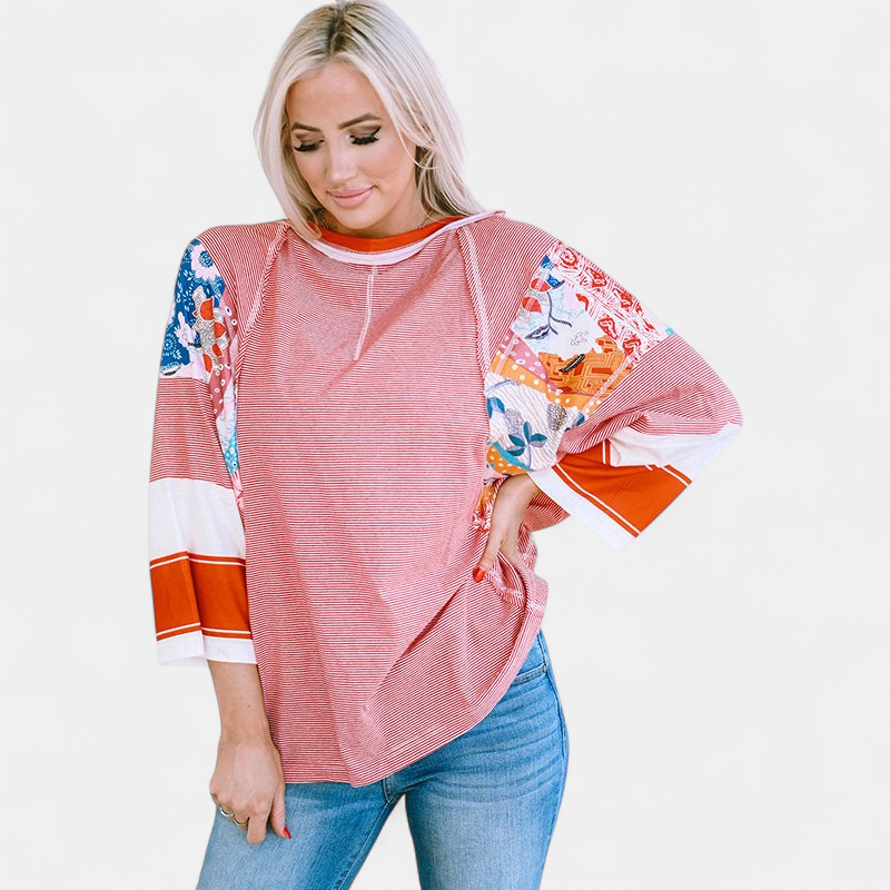 Women's Batwing Boho Blouse, Patchwork Floral Sleeves Ribbed Knit
