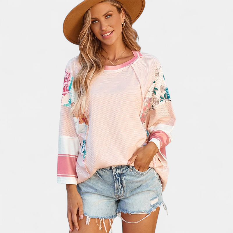 Women's Batwing Boho Blouse, Patchwork Floral Sleeves Ribbed Knit