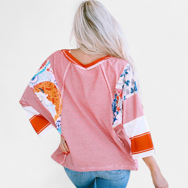 Women's Batwing Boho Blouse, Patchwork Floral Sleeves Ribbed Knit