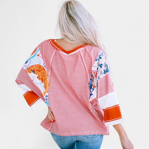 Women's Batwing Boho Blouse, Patchwork Floral Sleeves Ribbed Knit