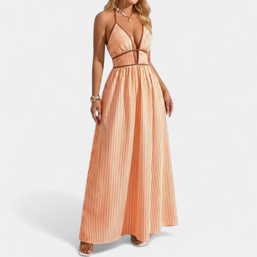 Women's Striped Halter Maxi Dress, Deep V Neck Contrast Trim Waist