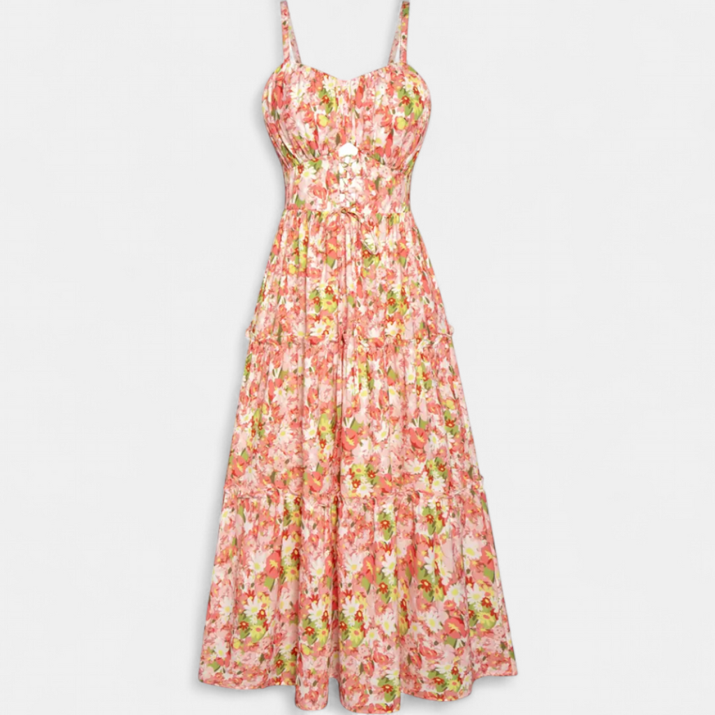Women's Cut Out Floral Midi Dress, Tiered Lace Up Side Pockets