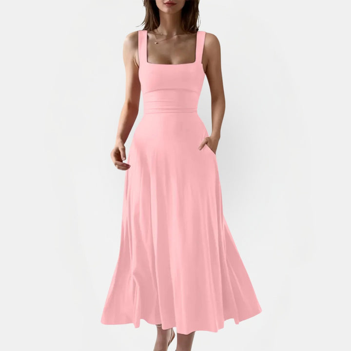 Women's Square Neck Pocket A Line Midi Dress with Back Tie