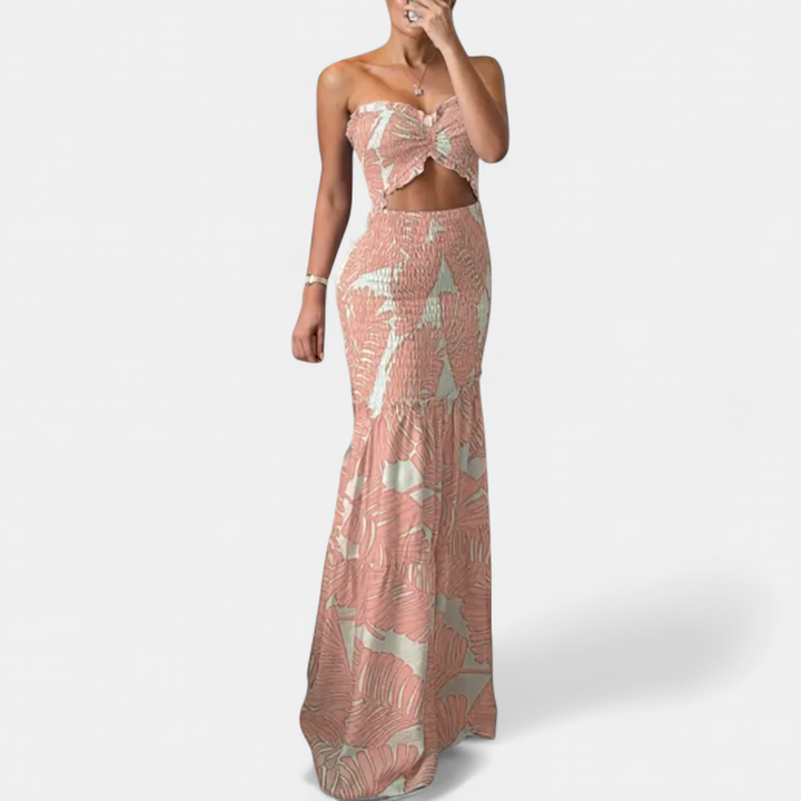 SOLÈNE | Tropical Print Smocked Mermaid Maxi Dress
