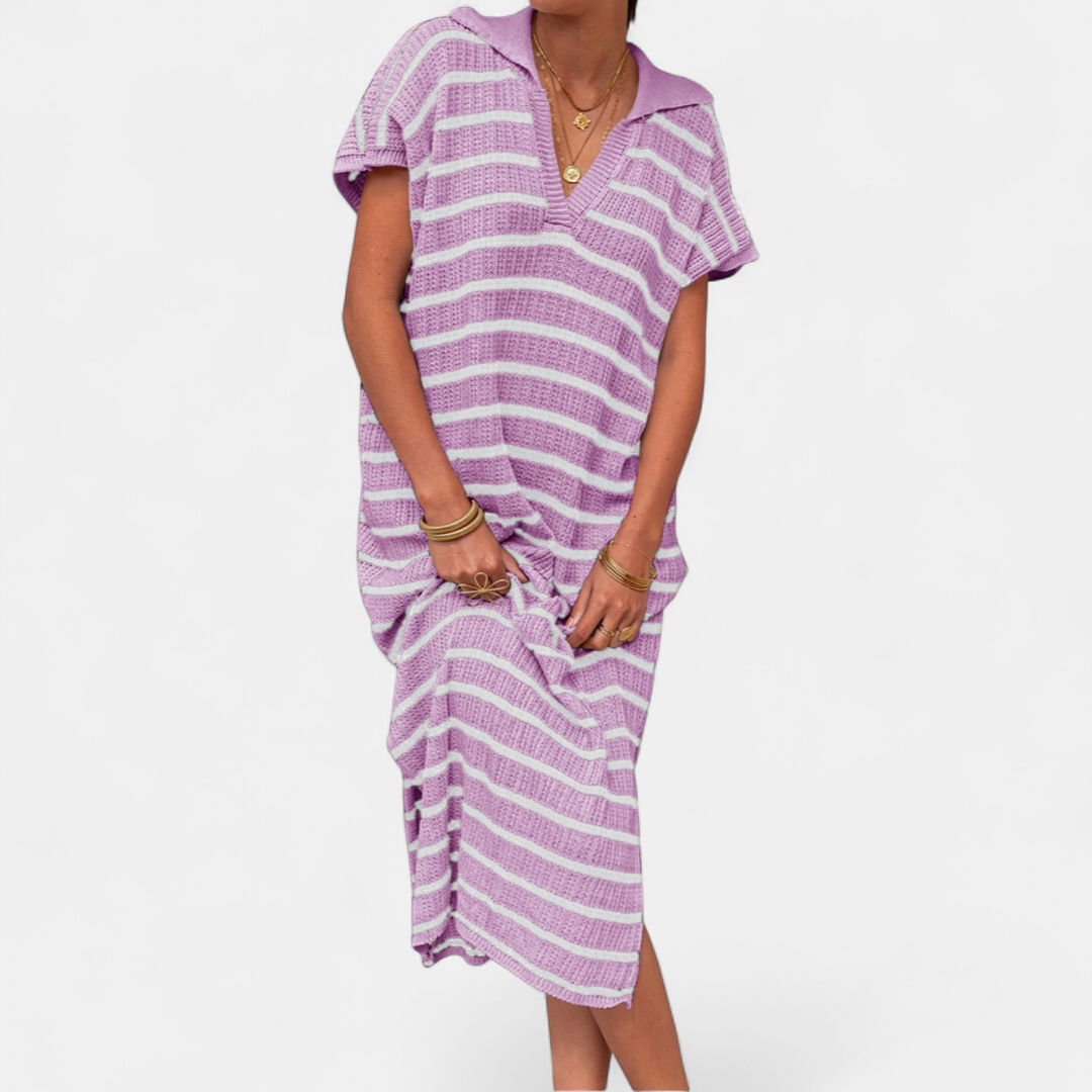 Women's Striped Knit Sweater Dress, V Neck Collar Side Slits
