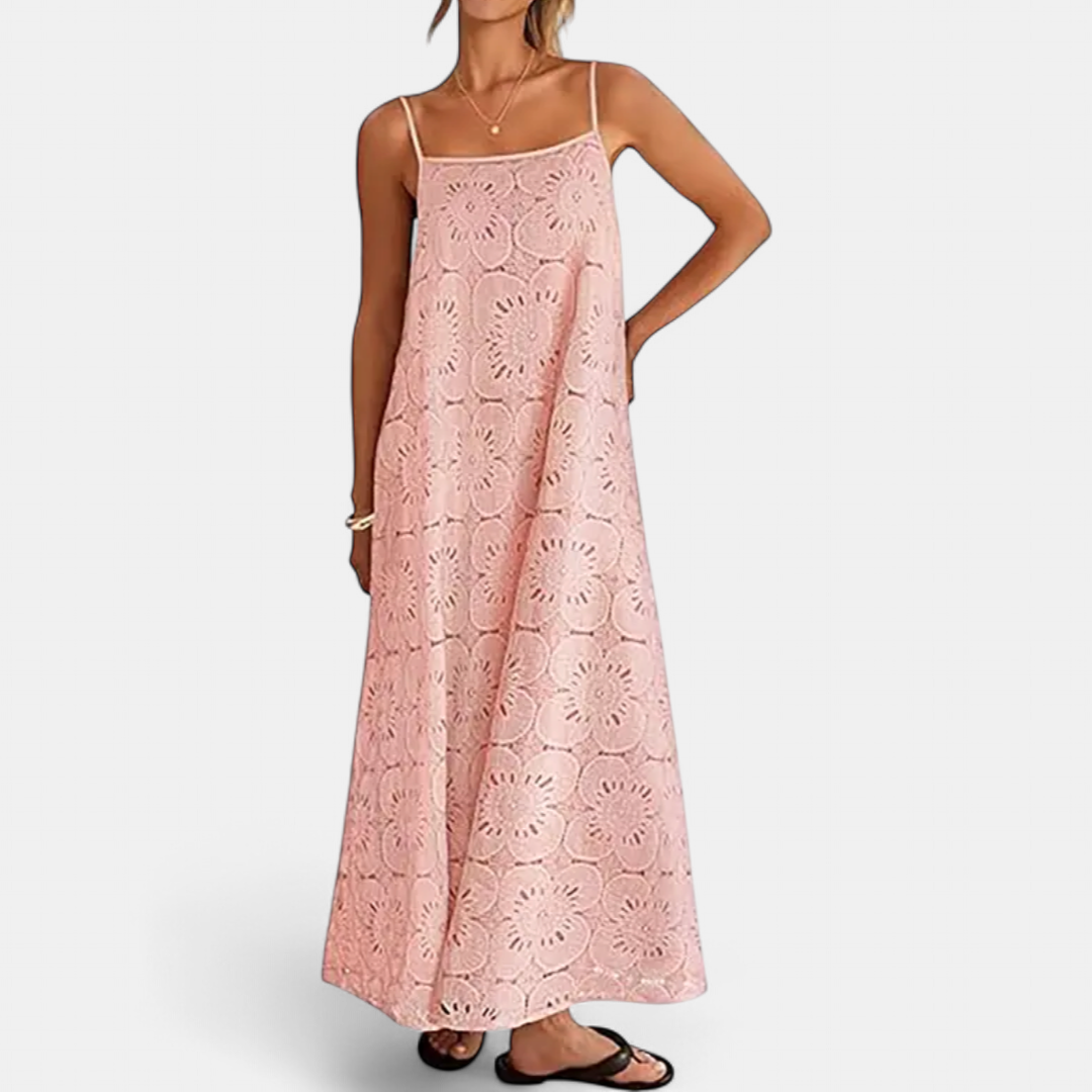 Women's Eyelet Maxi Dress, Floral Cutwork Cami Straps Scalloped Hem