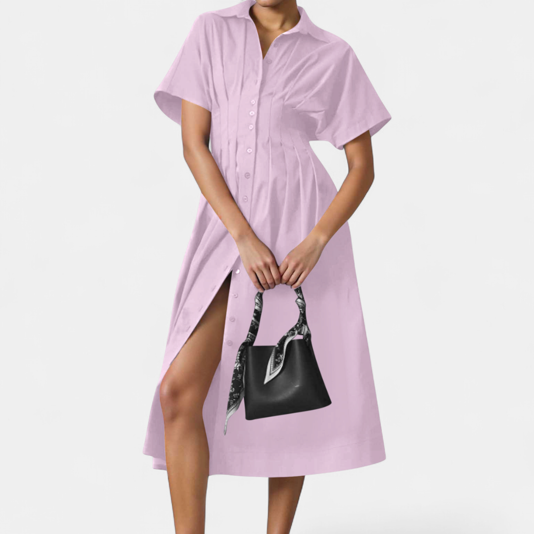 Women's Pleated Shirt Midi Dress, Collared Button Front Side Slit