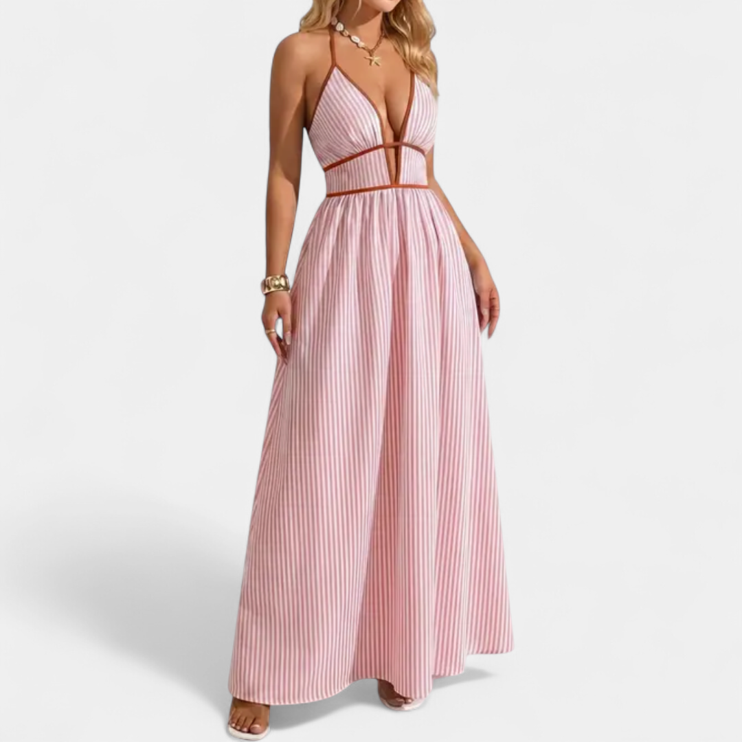 Women's Striped Halter Maxi Dress, Deep V Neck Contrast Trim Waist
