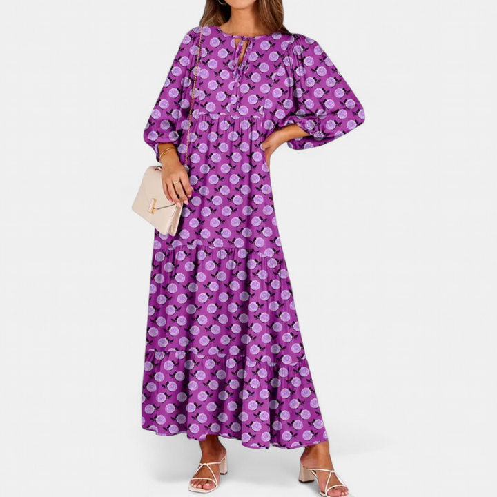 LYRIA | Boho Geometric Puff Sleeve Maxi Dress