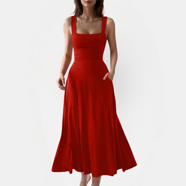 Women's Square Neck Pocket A Line Midi Dress with Back Tie