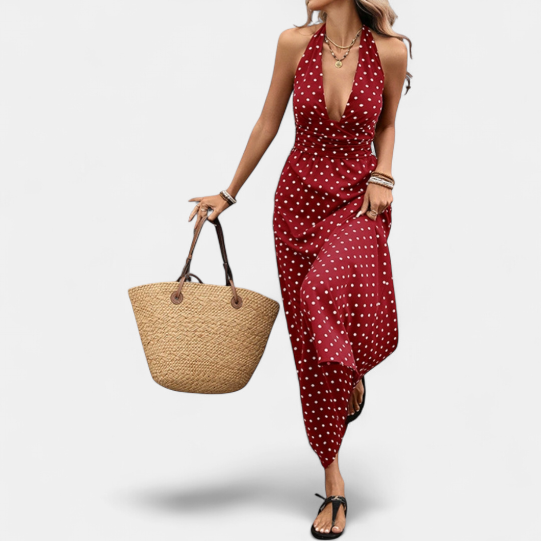 Women's Halter Polka Dot Maxi Dress, Deep V Neck Ruched Backless
