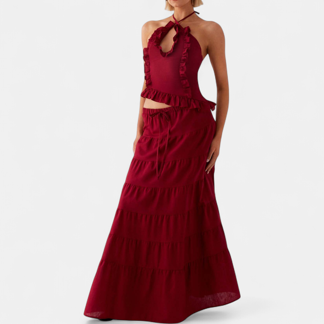 Women's Matching Set, Ruffle Halter Keyhole Tiered Drawstring Waist