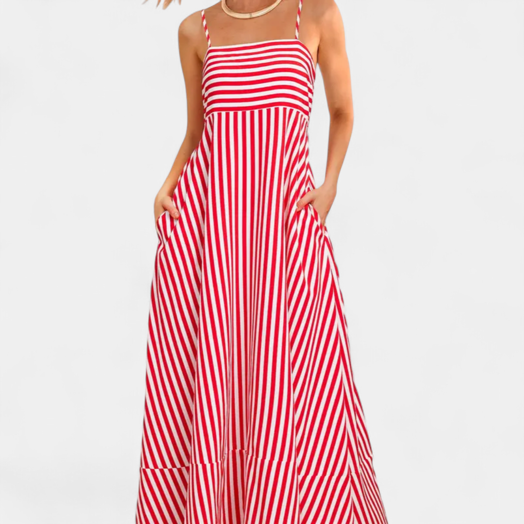 Women's Striped Flowy Maxi Dress, Square Neck Tiered Pockets