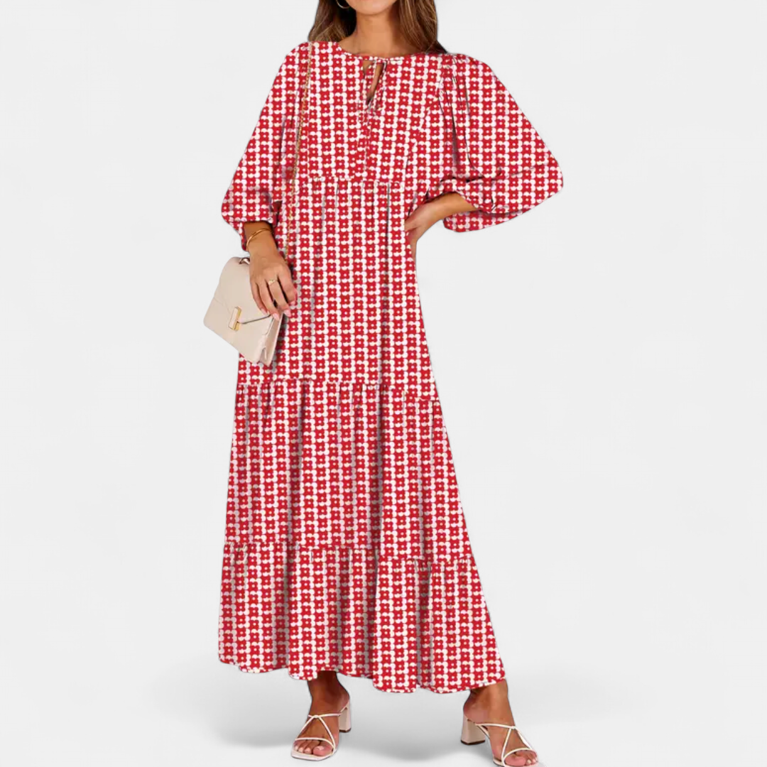 LYRIA | Boho Geometric Puff Sleeve Maxi Dress