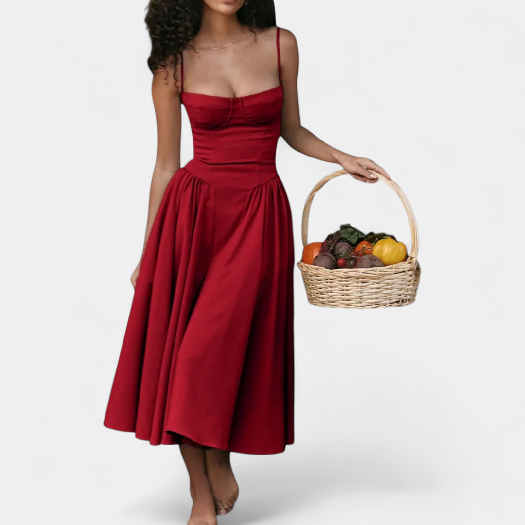 Women's Midi Sundress, Corset Bodice Spaghetti Straps Full Skirt