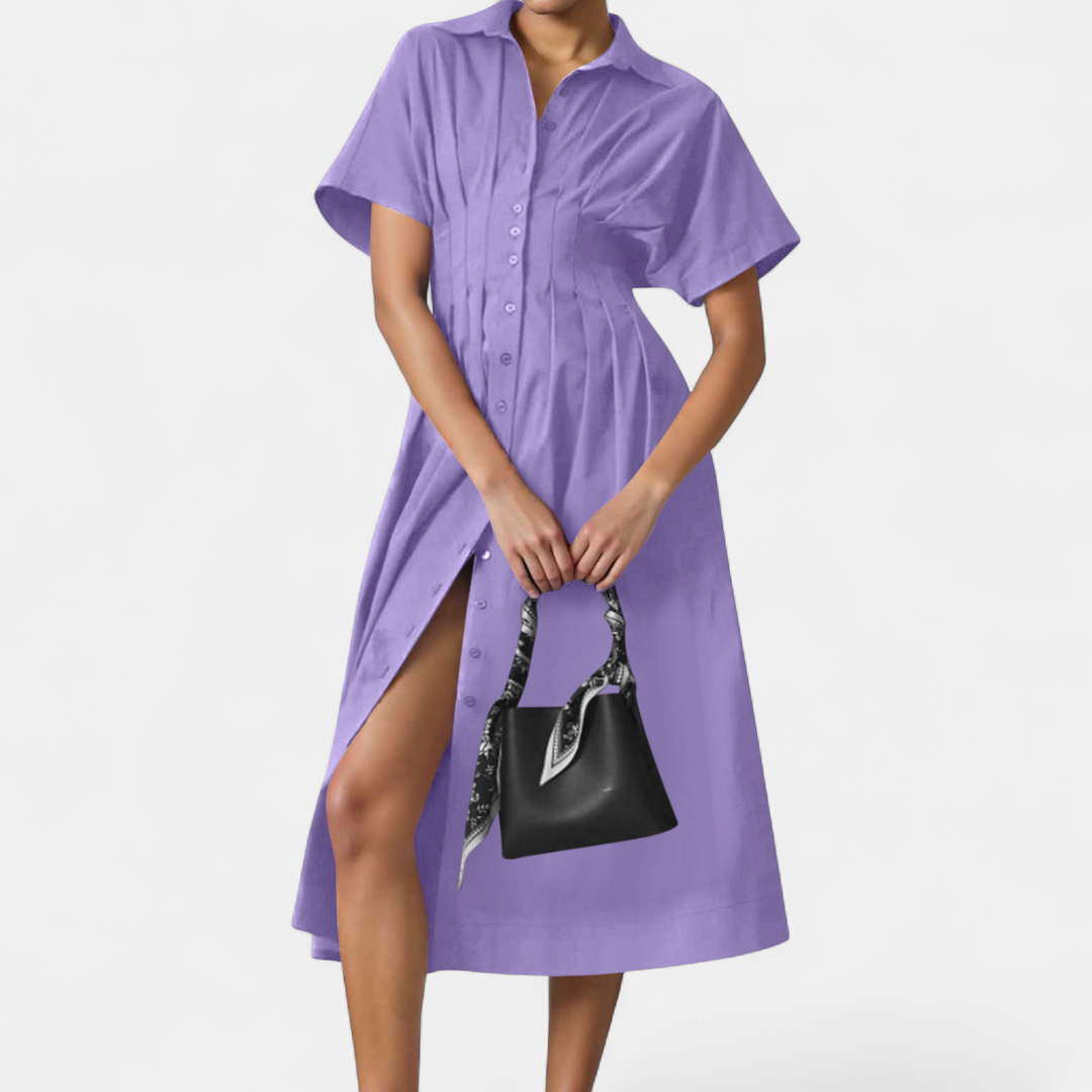 Women's Pleated Shirt Midi Dress, Collared Button Front Side Slit