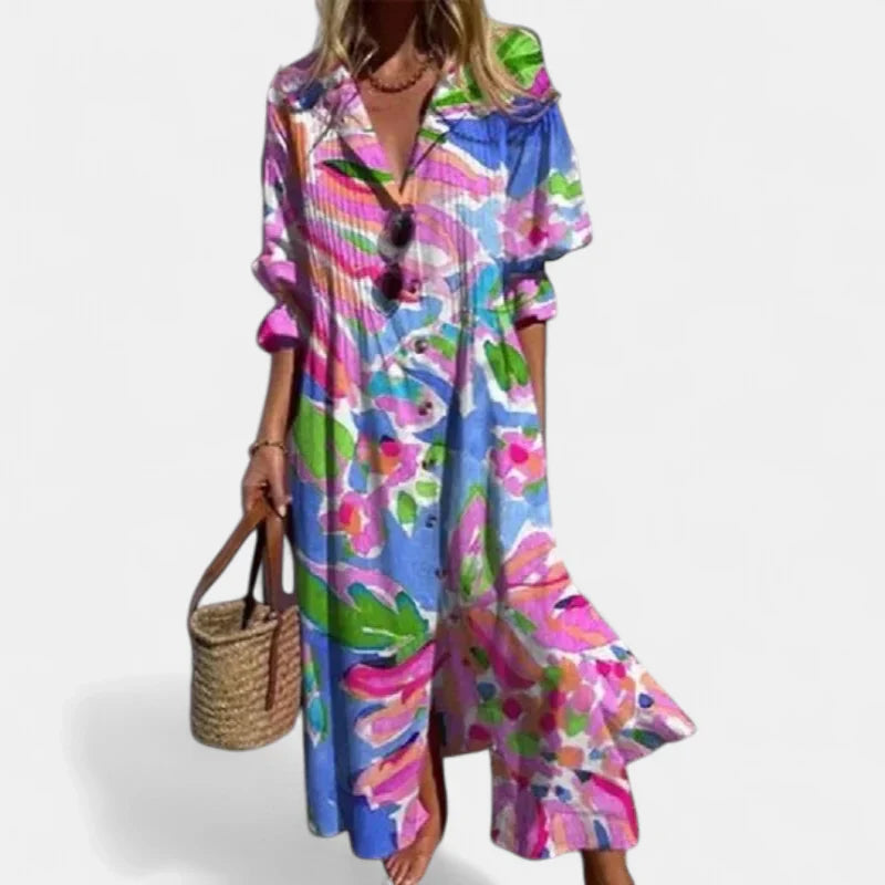 Women's Boho Long Sleeve Maxi Dress, Oversized Button Front V Neck