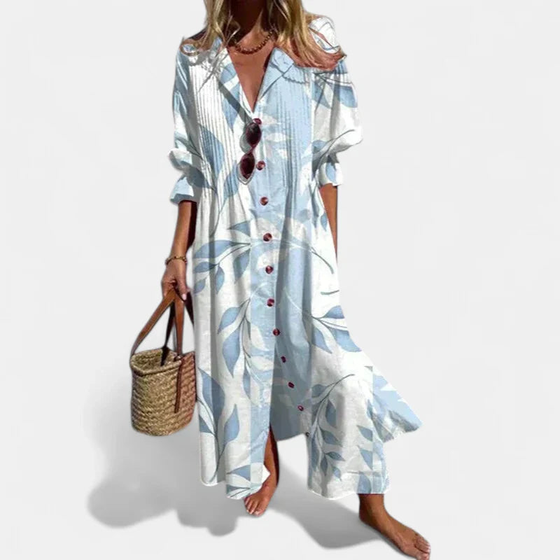 Women's Boho Long Sleeve Maxi Dress, Oversized Button Front V Neck