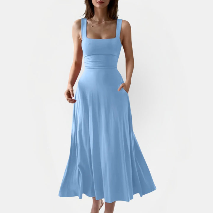 Women's Square Neck Pocket A Line Midi Dress with Back Tie