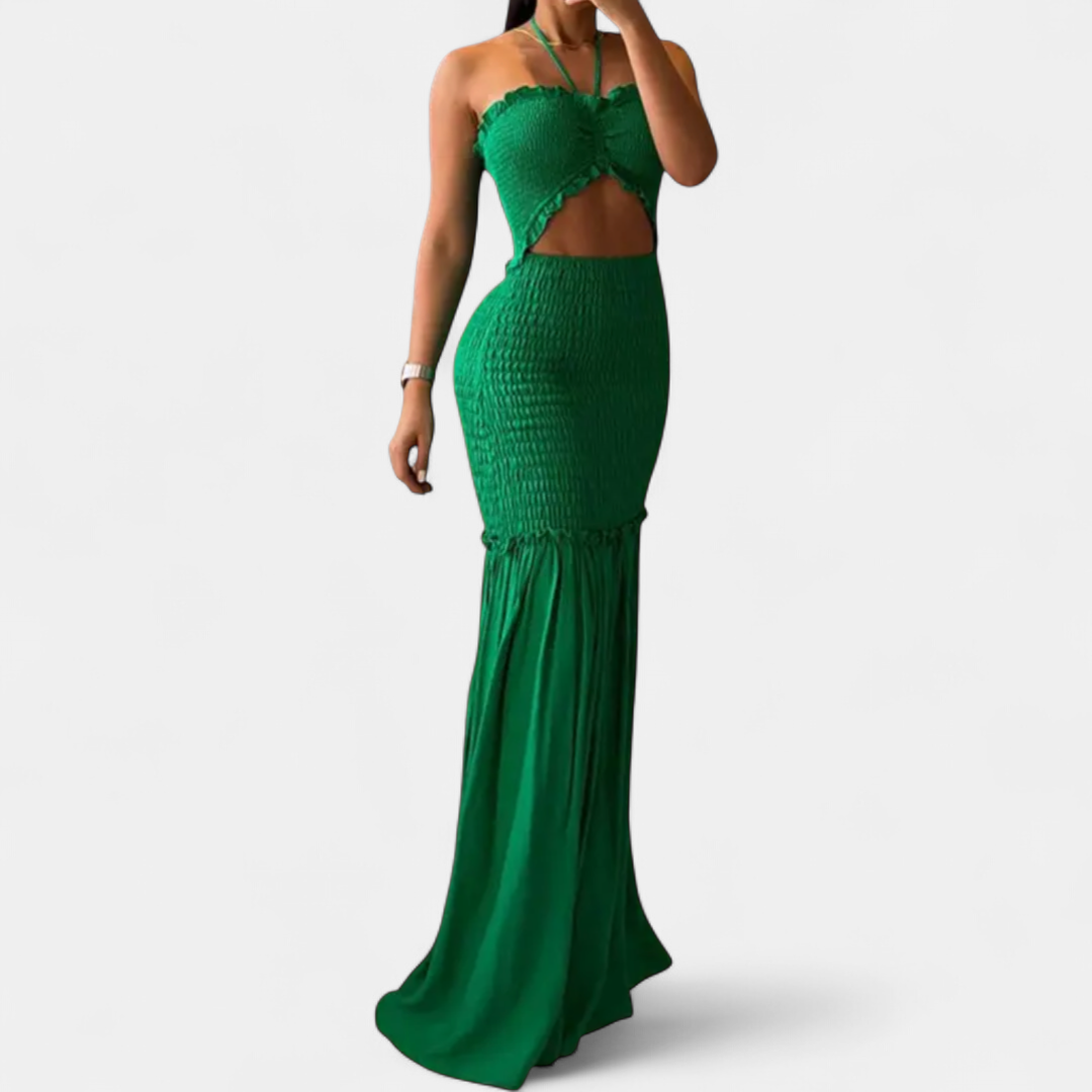 SOLÈNE | Tropical Print Smocked Mermaid Maxi Dress