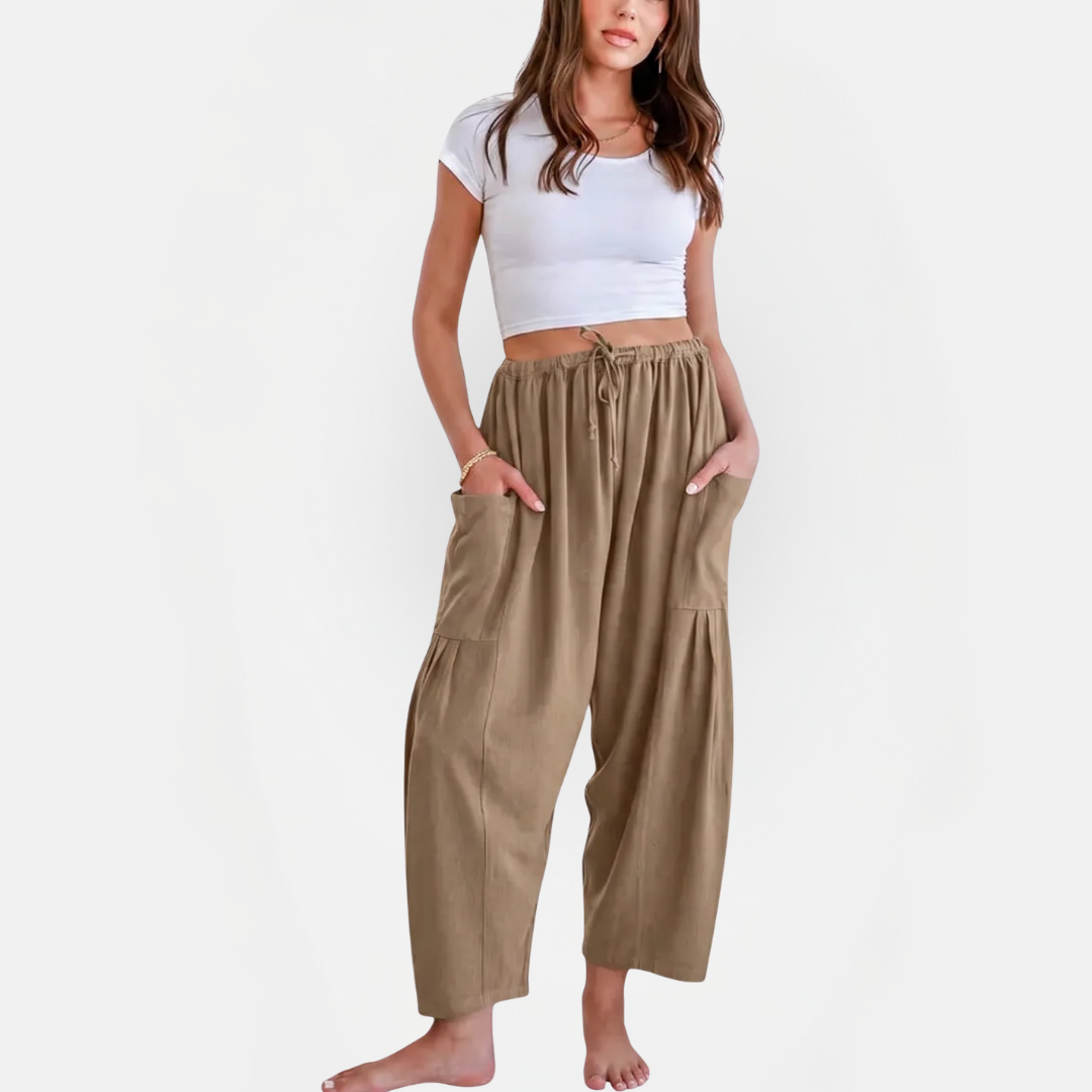 Women's Cropped Barrel Linen Pants, Drawstring Waist Deep Pockets