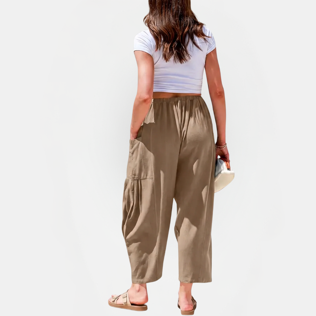 Women's Cropped Barrel Linen Pants, Drawstring Waist Deep Pockets