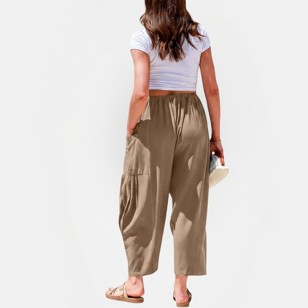 Women's Cropped Barrel Linen Pants, Drawstring Waist Deep Pockets