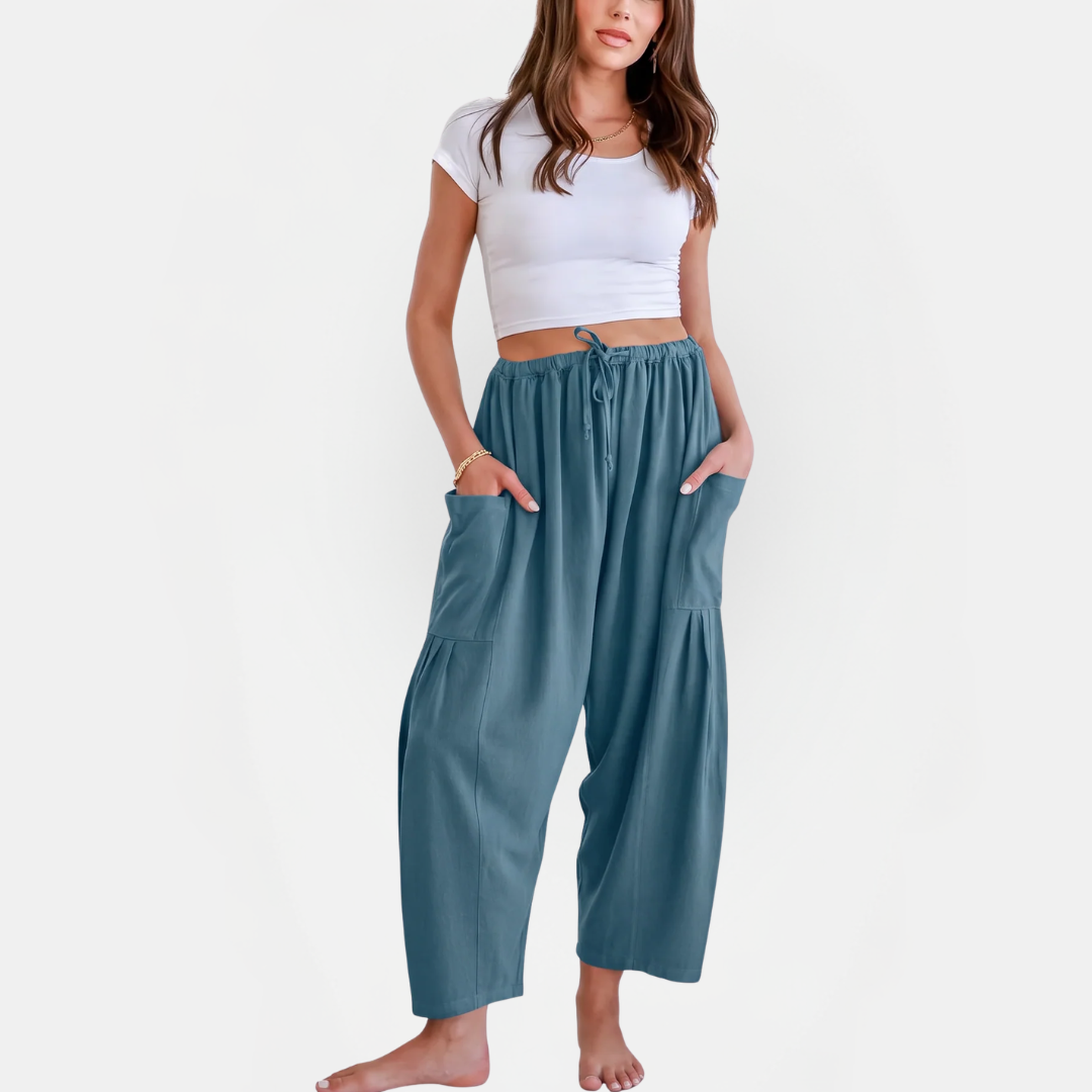 Women's Cropped Barrel Linen Pants, Drawstring Waist Deep Pockets